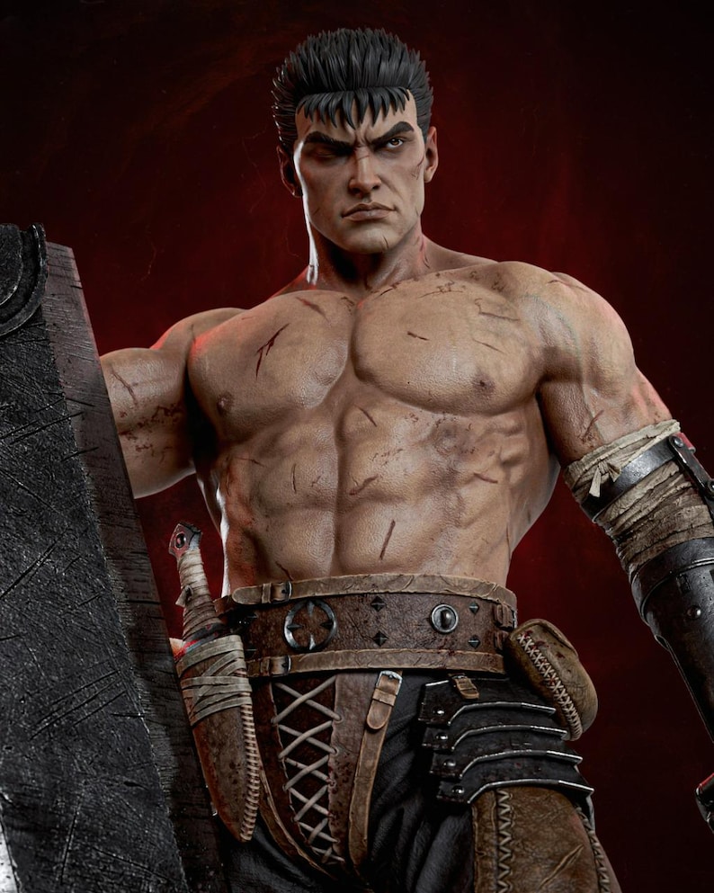 May include: A highly detailed collectible figure of a muscular warrior with short dark hair and numerous scars on the chest and torso. The figure wears a brown leather belt with a lace-up front, a dark sheath, and a metallic arm guard on the left arm.
