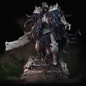 May include: A detailed figurine of a skeletal warrior in dark armor, holding a large sword. The figure is adorned with a flowing black cloak and stands on a base decorated with skulls and vines. The overall design has a fantasy theme.