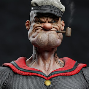 Puede incluir: Escultura detallada de Popeye el Marino. Lleva un gorro de marinero gris y una camisa gris oscuro con cuello rojo. Popeye tiene una pipa en la boca y sale humo. Su rostro es expresivo.