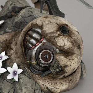 May include: A weathered, spherical robotic head with a cracked, beige, stone-like exterior revealing metallic internal gears, wires, and a central circular lens. The object is set on a rocky base with white flowers and a black high-heeled boot.