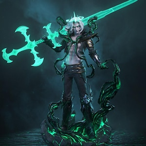 May include: A detailed figurine of a character with pale skin, white hair, and a glowing halo. The figure holds a large, glowing green sword. Green energy emanates from the base and wraps around the figure, creating a dynamic and fantasy-themed display.