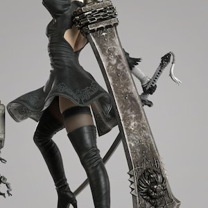 May include: A detailed figurine of a character wearing a black dress with a cutout back, black thigh-high boots, and white gloves. The character holds a large, weathered metallic sword featuring a lion head emblem and a smaller sword in the other hand.