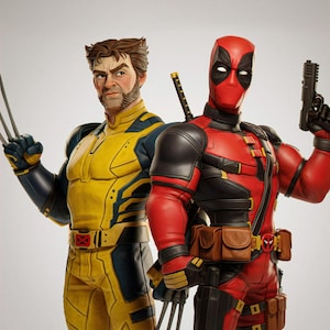 May include: Two action figures of comic book characters Wolverine and Deadpool. Wolverine is in a yellow and blue suit with claws extended. Deadpool is in a red and black suit, holding a gun and a sword on his back.