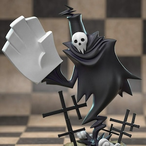 May include: A black and white figurine of a cartoon character with a skull face and a large white glove. The character is wearing a black cloak and stands on a base with small black crosses and clouds. The background is a checkered pattern.