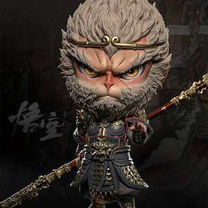 May include: A detailed figurine of a monkey-like character with an intense expression. The figure wears ornate armor with gold accents and holds a staff. The figure is on a black base, with the text "悟空" visible.