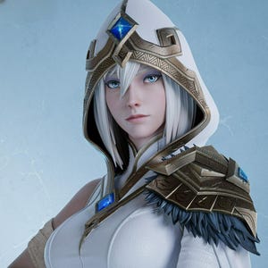 Puede incluir: Ilustración digital de un personaje con cabello blanco y ojos azules, vistiendo una capa con capucha blanca con detalles dorados y azules. El personaje tiene una expresión serena, sobre un fondo azul claro con efectos de relámpagos.