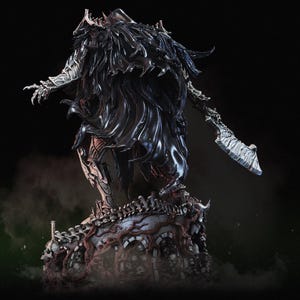 May include: A detailed statue of a dark figure with a flowing cloak and ornate armor, holding a large, textured blade. The figure stands atop a base adorned with skulls and bone-like structures, with a dark, ominous aesthetic.