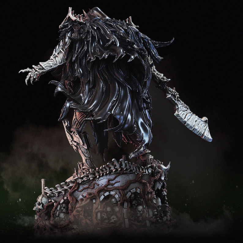 May include: A detailed statue of a dark figure with a flowing cloak and ornate armor, holding a large, textured blade. The figure stands atop a base adorned with skulls and bone-like structures, with a dark, ominous aesthetic.