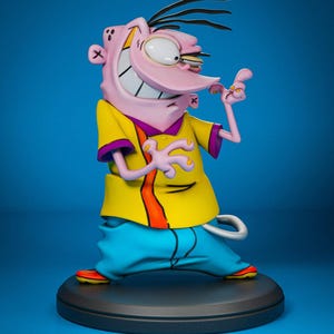 May include: A figurine of the cartoon character Ed from Ed, Edd n Eddy. The figure is posed with a wide grin, wearing a yellow shirt with orange trim, blue pants, and red shoes. The figure is on a black base against a blue background.