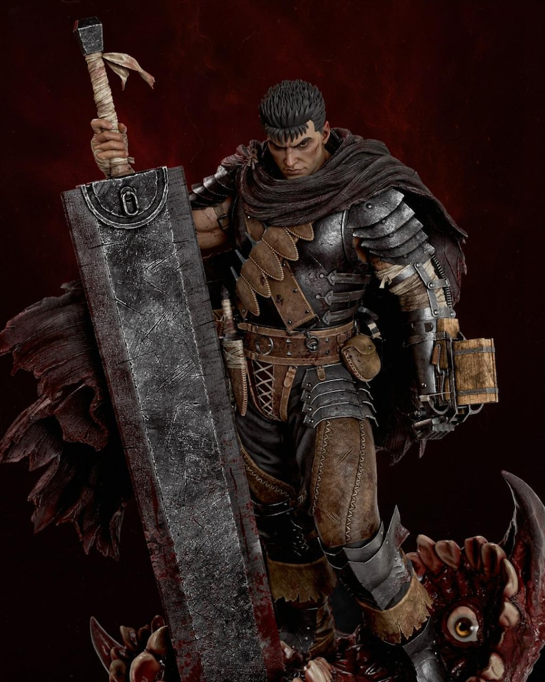 May include: A detailed collectible figurine of a warrior with short dark hair, wearing dark metal armor, a brown leather harness, and a tattered dark cloak. The figure holds a massive, weathered, rectangular metal sword and stands on a base.