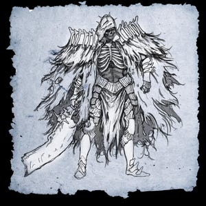 May include: A detailed figurine of a dark fantasy character, clad in black armor and a hooded cloak. The figure holds a large, ornate sword and stands atop a base of skulls and bones. The character has a skeletal chest and a crown-like detail on the shoulders.