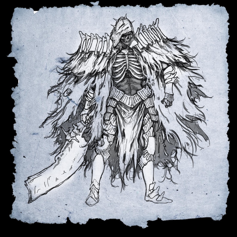 May include: A detailed figurine of a dark fantasy character, clad in black armor and a hooded cloak. The figure holds a large, ornate sword and stands atop a base of skulls and bones. The character has a skeletal chest and a crown-like detail on the shoulders.