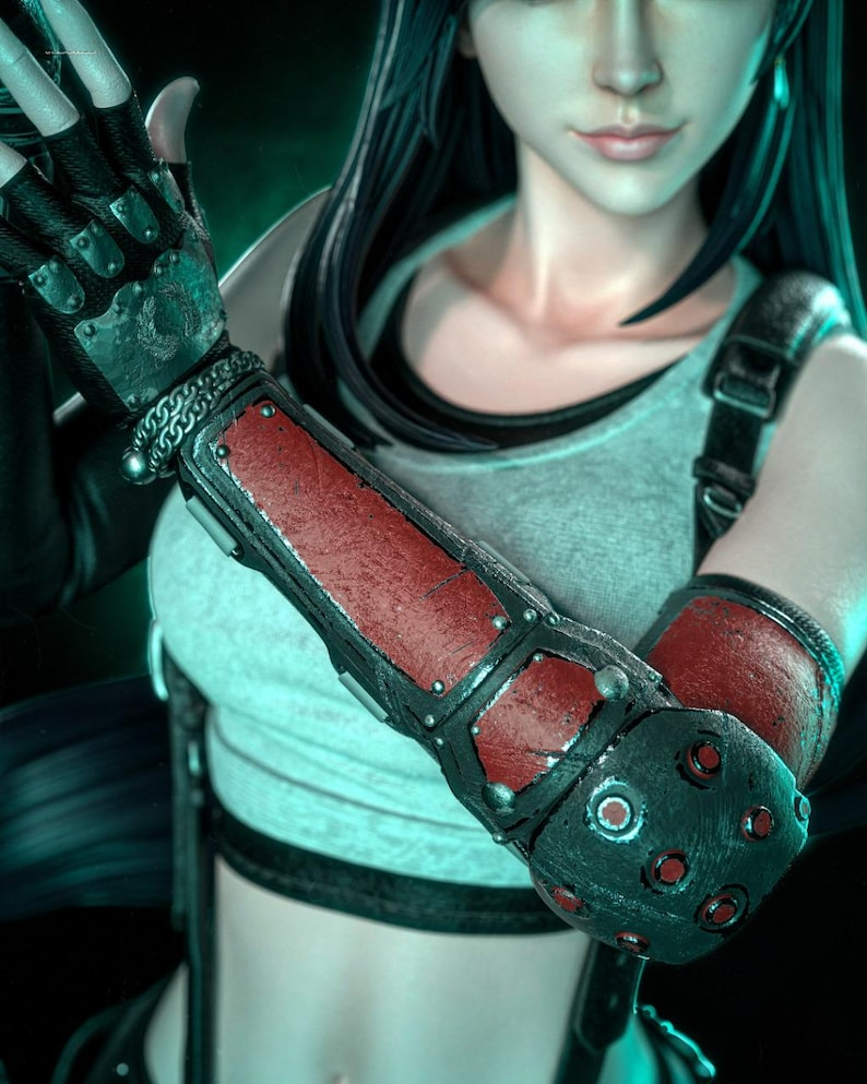 K&ouml;nnte beinhalten: Detaillierte Figur mit langen schwarzen Haaren und einem hellgrauen Tanktop. Die Figur tr&auml;gt schwarze und rote Armsch&uuml;tzer mit Metallakzenten. Die Gesamt&auml;sthetik deutet auf ein Videospiel- oder Fantasy-Thema hin.