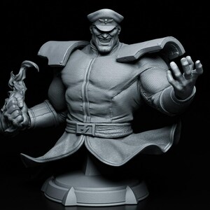 May include: A gray bust of a muscular character with a military cap and a sinister grin. The figure has a detailed textured jacket, shoulder pads, and a belt with a buckle. One hand is open, and the other holds a flame.