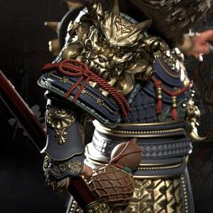 May include: A detailed sculpture of a warrior in ornate armor. The armor features gold accents, intricate designs, and a fierce lion-like helmet. Red rope detailing and a brown gourd add to the elaborate aesthetic. The overall color palette is dark with gold highlights.