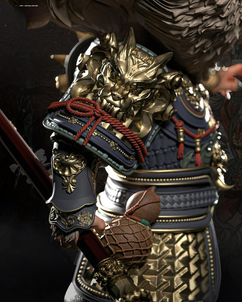 May include: A detailed sculpture of a warrior in ornate armor. The armor features gold accents, intricate designs, and a fierce lion-like helmet. Red rope detailing and a brown gourd add to the elaborate aesthetic. The overall color palette is dark with gold highlights.