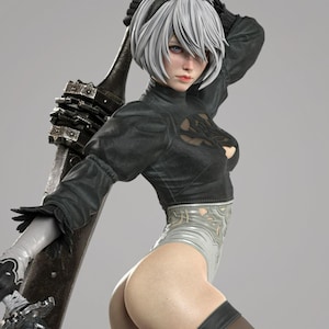 May include: A detailed collectible figurine of a character with short silver hair, wearing a black long-sleeved top with a chest cutout, a white leotard with intricate silver detailing, black gloves, and thigh-high stockings, holding a large sword.