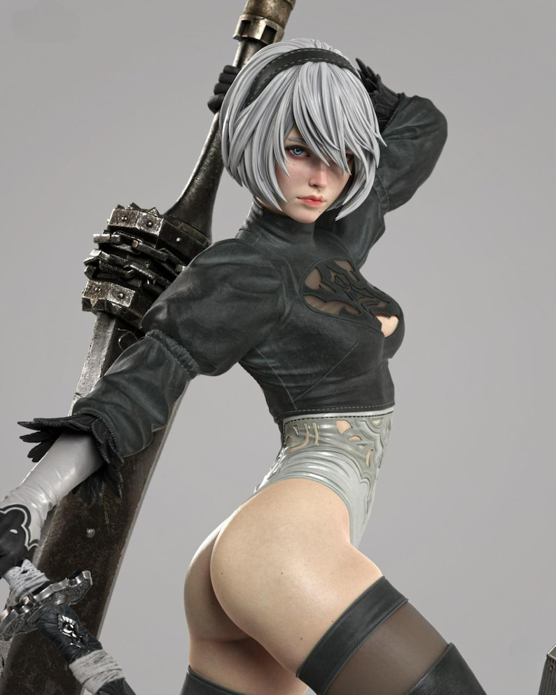 May include: A detailed collectible figurine of a character with short silver hair, wearing a black long-sleeved top with a chest cutout, a white leotard with intricate silver detailing, black gloves, and thigh-high stockings, holding a large sword.