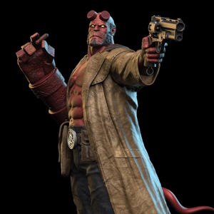 Könnte beinhalten: Detaillierte 3D-Darstellung der Figur Hellboy, ein rothäutiger Dämon mit Hörnern, der eine Waffe hält und einen langen braunen Mantel trägt. Die Figur ist vor einem schwarzen Hintergrund positioniert und zeigt den muskulösen Körperbau und die markanten Merkmale.