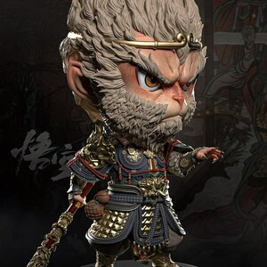 May include: A detailed figurine of a monkey-like character with an angry expression. The figure wears ornate armor in gold, blue, and black, and holds a staff. The character has light brown fur and a golden headband. The figurine is on a black base.