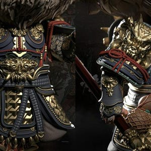 May include: Detailed image of ornate armor in gold, navy, and black. The armor features intricate designs, including a stylized face on the chest and shoulder guards. Red rope accents and a textured pattern add to the elaborate aesthetic. The overall theme is fantasy or historical.