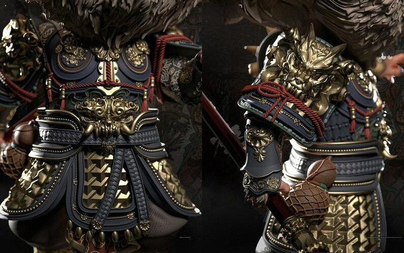 May include: Detailed image of ornate armor in gold, navy, and black. The armor features intricate designs, including a stylized face on the chest and shoulder guards. Red rope accents and a textured pattern add to the elaborate aesthetic. The overall theme is fantasy or historical.