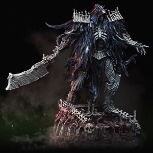 May include: A detailed statue of a dark figure with a flowing cloak and ornate armor, holding a large, textured blade. The figure stands atop a base adorned with skulls and bone-like structures, with a dark, ominous aesthetic.