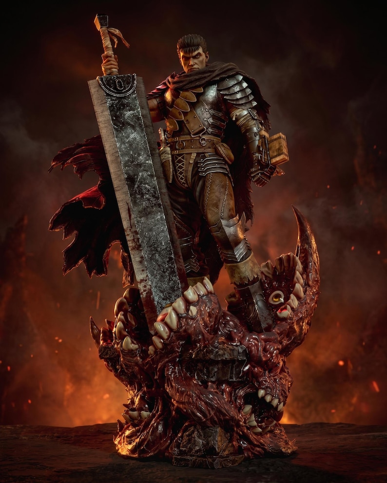 May include: A detailed collectible figurine of a warrior standing on a base of organic, toothy, flesh-like textures. The figure wears dark armor, a tattered cape, and holds a massive, weathered, rectangular metal sword upright in one hand.