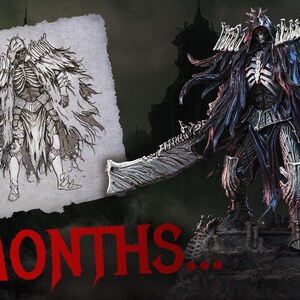 May include: A detailed figurine of a skeletal warrior with a large sword, standing on a stone base. The figure is predominantly dark with blue and red accents. A sketch of the warrior is on a paper to the left. The text "3 MONTHS..." is at the bottom.