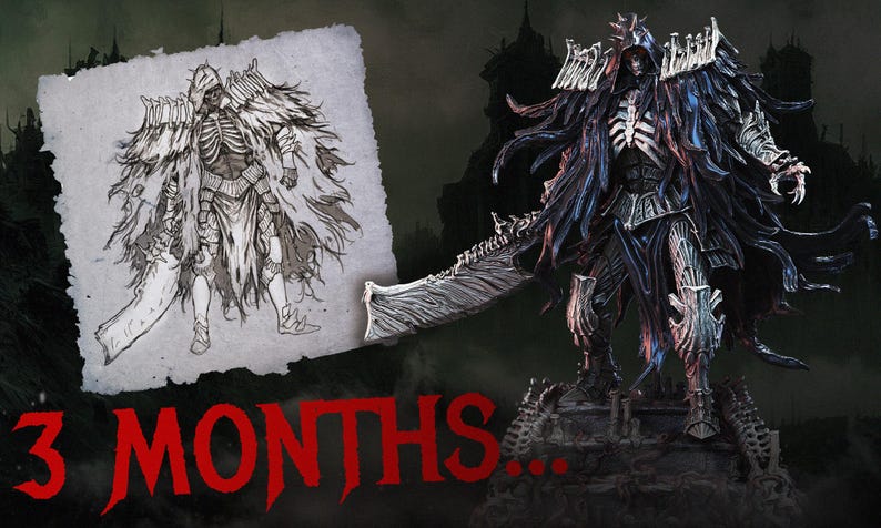 May include: A detailed figurine of a skeletal warrior with a large sword, standing on a stone base. The figure is predominantly dark with blue and red accents. A sketch of the warrior is on a paper to the left. The text "3 MONTHS..." is at the bottom.