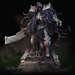May include: A detailed figurine of a dark fantasy character, clad in black armor and a flowing cape. The figure holds a large, ornate sword and stands atop a base with a skull and bone details. The overall design has a gothic aesthetic.
