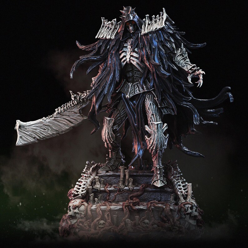 May include: A detailed figurine of a dark fantasy character, clad in black armor and a flowing cape. The figure holds a large, ornate sword and stands atop a base with a skull and bone details. The overall design has a gothic aesthetic.