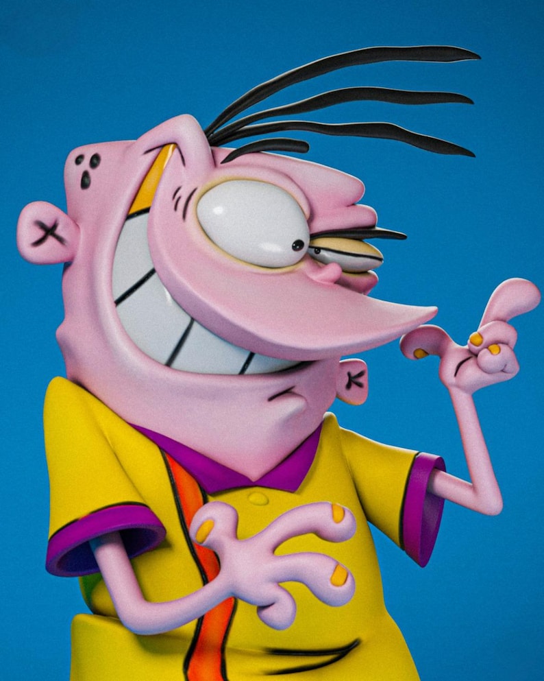 May include: A figurine of a cartoon character with pink skin, a large nose, and a wide grin. The character wears a yellow shirt with purple trim and has black hair. The background is a solid blue.