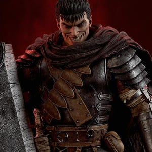 May include: A detailed figurine of a warrior with short dark hair and a wide, toothy grin. The figure wears dark, weathered plate armor, a brown leather chest harness, and a tattered dark cloak. A large, heavy metal sword stands beside the figure.
