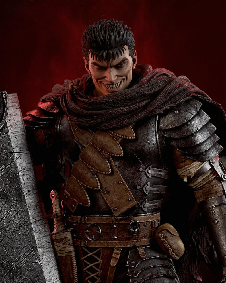 May include: A detailed figurine of a warrior with short dark hair and a wide, toothy grin. The figure wears dark, weathered plate armor, a brown leather chest harness, and a tattered dark cloak. A large, heavy metal sword stands beside the figure.