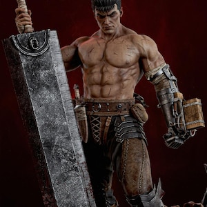 May include: A muscular, scarred action figure with short black hair, holding a massive, weathered, silver-toned metal sword. The figure wears a brown leather belt, dark trousers, and a complex mechanical prosthetic arm with a wooden block attachment.