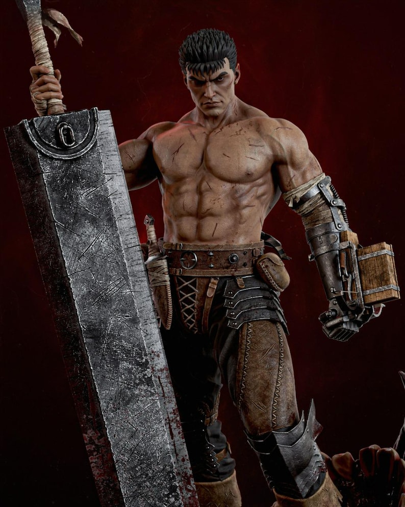 May include: A muscular, scarred action figure with short black hair, holding a massive, weathered, silver-toned metal sword. The figure wears a brown leather belt, dark trousers, and a complex mechanical prosthetic arm with a wooden block attachment.