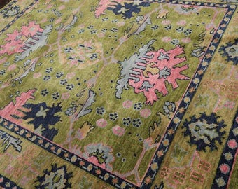 Olive Green Oushak Rug, Pink Floral Turkish Rug, Vintage Area Rug, Hand Knotted Wool Carpet, 5x8 6x9 8x10 9x12 10x14