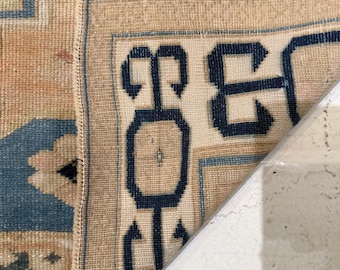Geometric Runner Oushak Rug Beige, and Blue Turkish Carpets Wool Rug Contemporary Hand Knotted Rug Any Size Made to Order size 3x10, 3x15