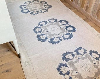 Blue Beige Runner Rug, Hand Knotted Wool Hallway Runner, Vintage Oushak Runner Carpet, 3x8,3x10 3x12 Long Runner Rug