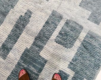 Modern Abstract Area Rug, Hand knotted Wool Rug, Geometric Blue Grey Carpet, Contemporary Living Room Rug, 4x6 5x8 6x9 8x10 9x12 10x14 12x15