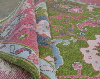 Vibrant Pink and Green Oushak Rug Hand-Knotted Wool Maximalist Statement Rug New Zealand Wool Rug 9x12 10x14 Rug For Bedroom Living Room