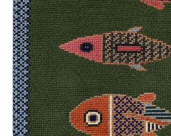Hand knotted Fish design Runner Rug - Blue - Green color Contemporary Style Wool Runner Rug - Hallway Runner - Kitchen runner - Boho runner