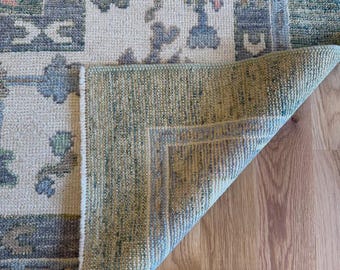 Green Oushak Wool Rug, Blue Beige Accents, Handwoven Area Rug ,ASP-45