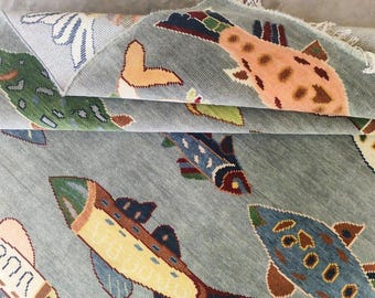 Handmade Fish Pattern Wool Rug - Colorful Nautical Coastal Area Rug - Whimsical Sea Life Playroom Carpet - Hand Woven Kids Room Decor.