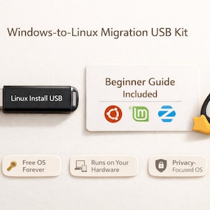 Puede incluir: Un kit USB de migración de Windows a Linux. El kit incluye una unidad USB negra con la etiqueta "Linux Install USB", una guía para principiantes y un dibujo de un pingüino. Los iconos indican un sistema operativo gratuito y privacidad.