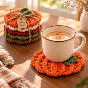May include: A stack of round, crocheted pumpkin-shaped coasters in orange, cream, red, green, and brown, tied with twine and a cardboard tag featuring a pumpkin icon. A ceramic mug filled with a beige beverage sits on an orange coaster.