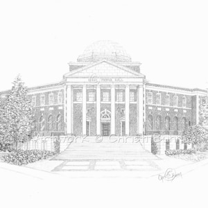 May include: A black and white pencil drawing of West  Prier Hall, a building with a dome and columns. The building has a large set of stairs leading up to the entrance.