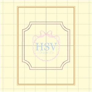 May include: A digital design featuring a rectangular frame with rounded corners, enclosing a smaller, decorative frame. The design includes the text "HSV Design Co." in a light blue color, surrounded by a pink floral wreath. The background is a light yellow color.