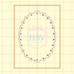 May include: A light yellow background with a gold border. Inside the border is a pink oval with a scalloped edge and pink dots. The center of the oval has the text "HSV Design Co." in light blue and pink.